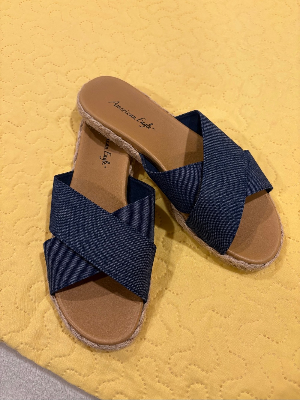 American Eagle Outfitters Denim-Style Crisscross Slide Sandals in Navy and Tan